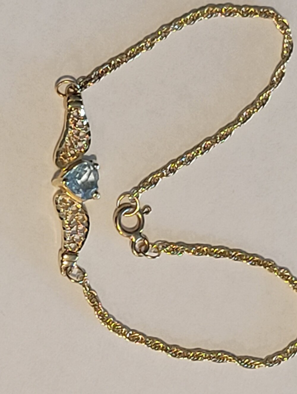 14K Yellow Gold Very Denty Bracelet with Light Blue Heart Stone Pendant,7" Long - Picture 2 of 9
